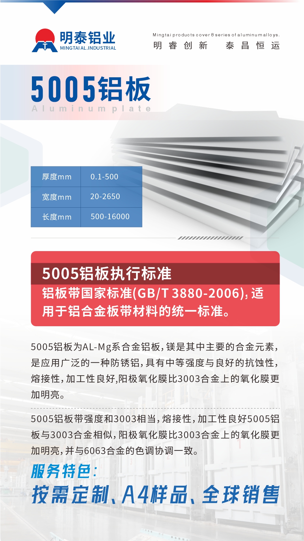 產(chǎn)品介紹

5005鋁板為AL-Mg系合金鋁板，鎂是其中主要的合金元素，是應(yīng)用廣泛的一種防銹鋁，具有中等強(qiáng)度與良好的抗蝕性，熔接性，加工性良好,陽極氧化膜比3003合金上的氧化膜更加明亮。

5005鋁板帶強(qiáng)度和3003相當(dāng)，熔接性，加工性良好5005鋁板與3003合金相似，陽極氧化膜比3003合金上的氧化膜更加明亮，并與6063合金的色調(diào)協(xié)調(diào)一致。服務(wù)特色：按需定制、A4樣品、全球銷售!

