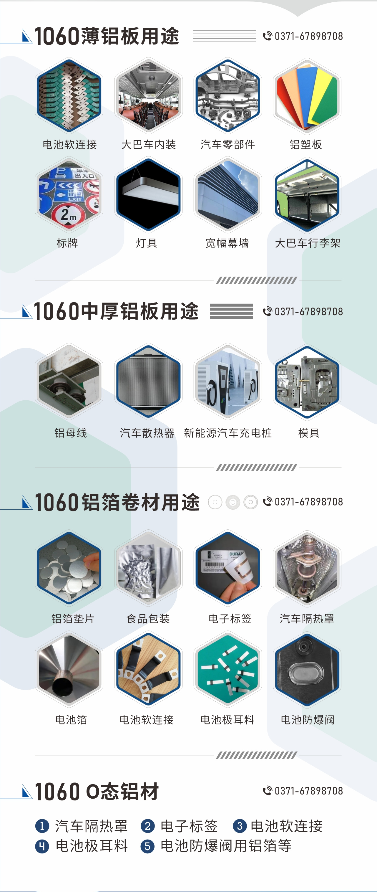 1060鋁板卷用途
　　1060鋁薄板用途： 電池軟連接、大巴車內(nèi)裝、汽車零部件、鋁塑板、標牌、燈具、寬幅幕墻、大巴車行李架/地板/花紋板(宇通公司使用)等;1060中厚鋁板用途：鋁母線、汽車散熱器、新能源汽車充電樁、模具等;1060鋁箔卷材用途：鋁箔墊片、食品包裝、電子標簽、汽車隔熱罩用鋁箔、電池箔、電池軟連接、電池極耳料、電池防爆閥等;1060-O態(tài)鋁材用途：汽車隔熱罩、電子標簽、電池軟連接、電池極耳料、電池防爆閥用鋁箔等;1060鋁板多少錢1噸.1060鋁板價格=發(fā)貨當天長江鋁錠價+加工費