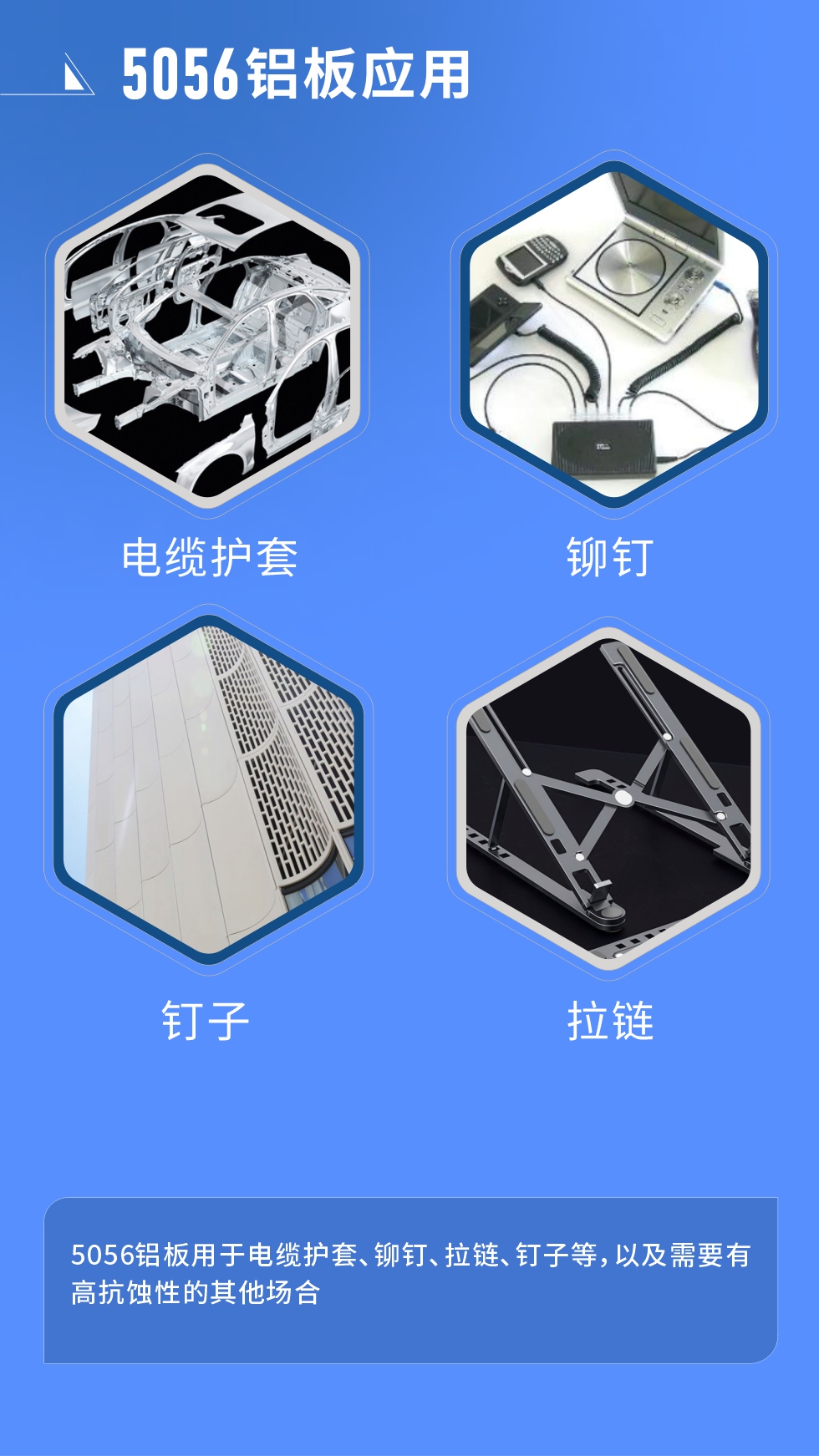 市場(chǎng)應(yīng)用
　　5056鋁板用于電纜護(hù)套、鉚釘、拉鏈、釘子等，以及需要有高抗蝕性的其他場(chǎng)合。
　　5056鋁板生產(chǎn)廠家
　　明泰鋁業(yè)支持定做，為用戶(hù)合理推薦更合理產(chǎn)品規(guī)格，并提供優(yōu)惠報(bào)價(jià)，讓您選購(gòu)無(wú)憂(yōu)。
　　明泰鋁業(yè)是一家集科研、加工、制造為一體的大型現(xiàn)代化鋁加工企業(yè)。公司可生產(chǎn)1-8系鋁板帶箔產(chǎn)品，規(guī)格齊全。