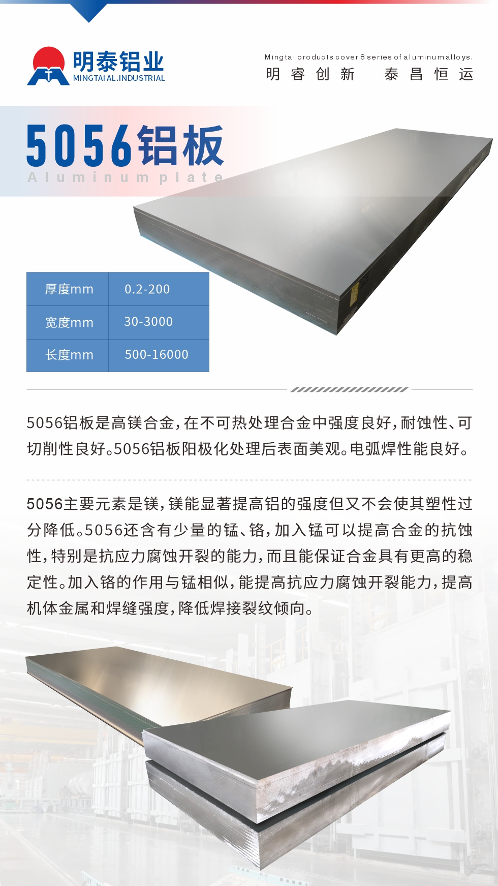 5056鋁板介紹
　　5056鋁板是高鎂合金，在不可熱處理合金中強(qiáng)度良好，耐蝕性、可切削性良好。5056鋁板陽(yáng)極化處理后表面美觀。電弧焊性能良好。
　　5056主要元素是鎂，鎂能顯著提高鋁的強(qiáng)度但又不會(huì)使其塑性過(guò)分降低。5056還含有少量的錳、鉻，加入錳可以提高合金的抗蝕性，特別是抗應(yīng)力腐蝕開(kāi)裂的能力，而且能保證合金具有更高的穩(wěn)定性。加入鉻的作用與錳相似，能提高抗應(yīng)力腐蝕開(kāi)裂能力，提高機(jī)體金屬和焊縫強(qiáng)度，降低焊接裂紋傾向。