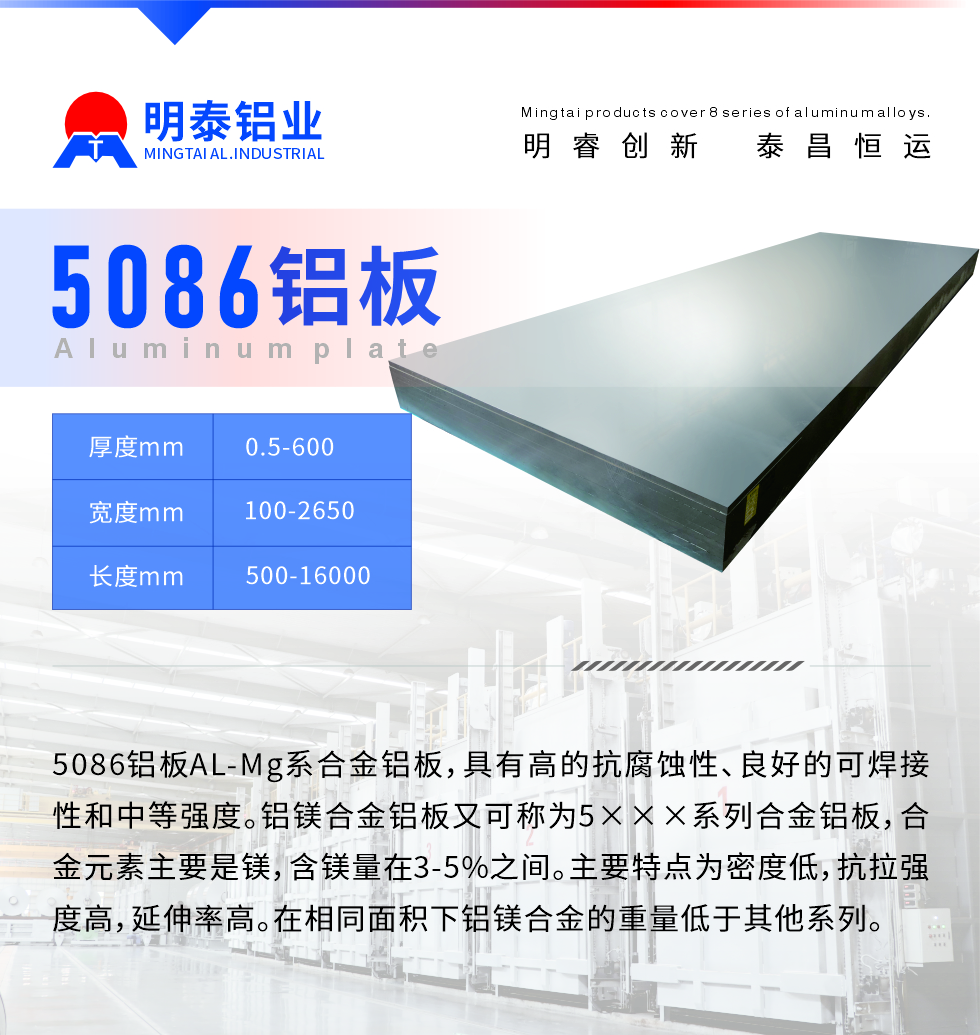 產(chǎn)品介紹
　　5086鋁板AL-Mg系合金鋁板，具有高的抗腐蝕性、良好的可焊接性和中等強度。鋁鎂合金鋁板又可稱為5×××系列合金鋁板，合金元素主要是鎂，含鎂量在3-5%之間。主要特點為密度低，抗拉強度高，延伸率高。在相同面積下鋁鎂合金的重量低于其他系列。
