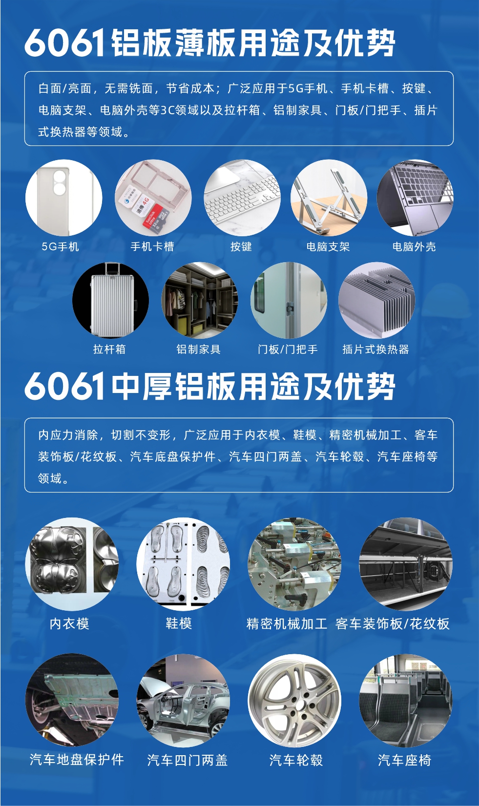 6061鋁板薄板用途及優(yōu)勢:白面/亮面，無需銑面，節(jié)省成本；廣泛應用于5G手機、手機卡槽、按鍵、電腦支架、電腦外殼等3C領域以及拉桿箱、鋁制家具、門板/門把手、插片式換熱器等領域。
6061中厚鋁板用途及優(yōu)勢:內(nèi)應力消除，切割不變形，廣泛應用于內(nèi)衣模、鞋模、精密機械加工、客車裝飾板/花紋板、汽車底盤保護件、汽車四門兩蓋、汽車輪轂、汽車座椅等領域。
