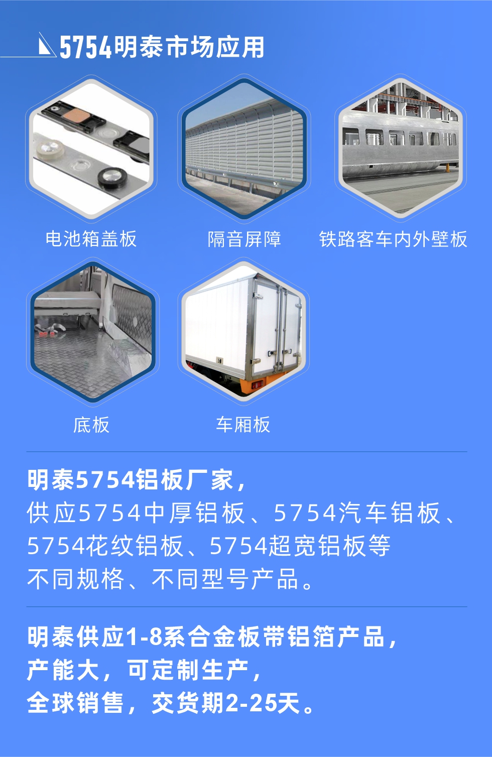 明泰5754鋁板優(yōu)勢(shì)

　　1、可焊接性能強(qiáng)，焊接裂縫的傾向低，焊縫和基體金屬的強(qiáng)度高。

　　2、表面的氧化物較少，軋制板材的表面質(zhì)量好，光滑無(wú)裂紋，無(wú)腐蝕斑點(diǎn)和硝鹽痕跡。

　　3、5754鋁板屬于中高強(qiáng)度的鋁合金，疲勞性能和耐腐蝕性能好。

　　4、可根據(jù)客戶需求定制不同厚度、不同版型的5754鋁板產(chǎn)品。

　　5754鋁板生產(chǎn)以及包裝要求
　　1、表面不允許有裂紋、腐蝕斑點(diǎn)和硝鹽痕跡。

　　2、表面上允許有深度不超過(guò)缺陷所在部位壁厚公稱尺寸8%的起皮、氣泡、表面粗超和局部機(jī)械損傷，但缺陷深度不能超過(guò)0.5mm,缺陷總面積不超過(guò)板材總面積的5%。

　　3、允許供貨方沿型材縱向打光至表面光滑。

　　4、其他要求：有需求方和供貨方自己擬定。

