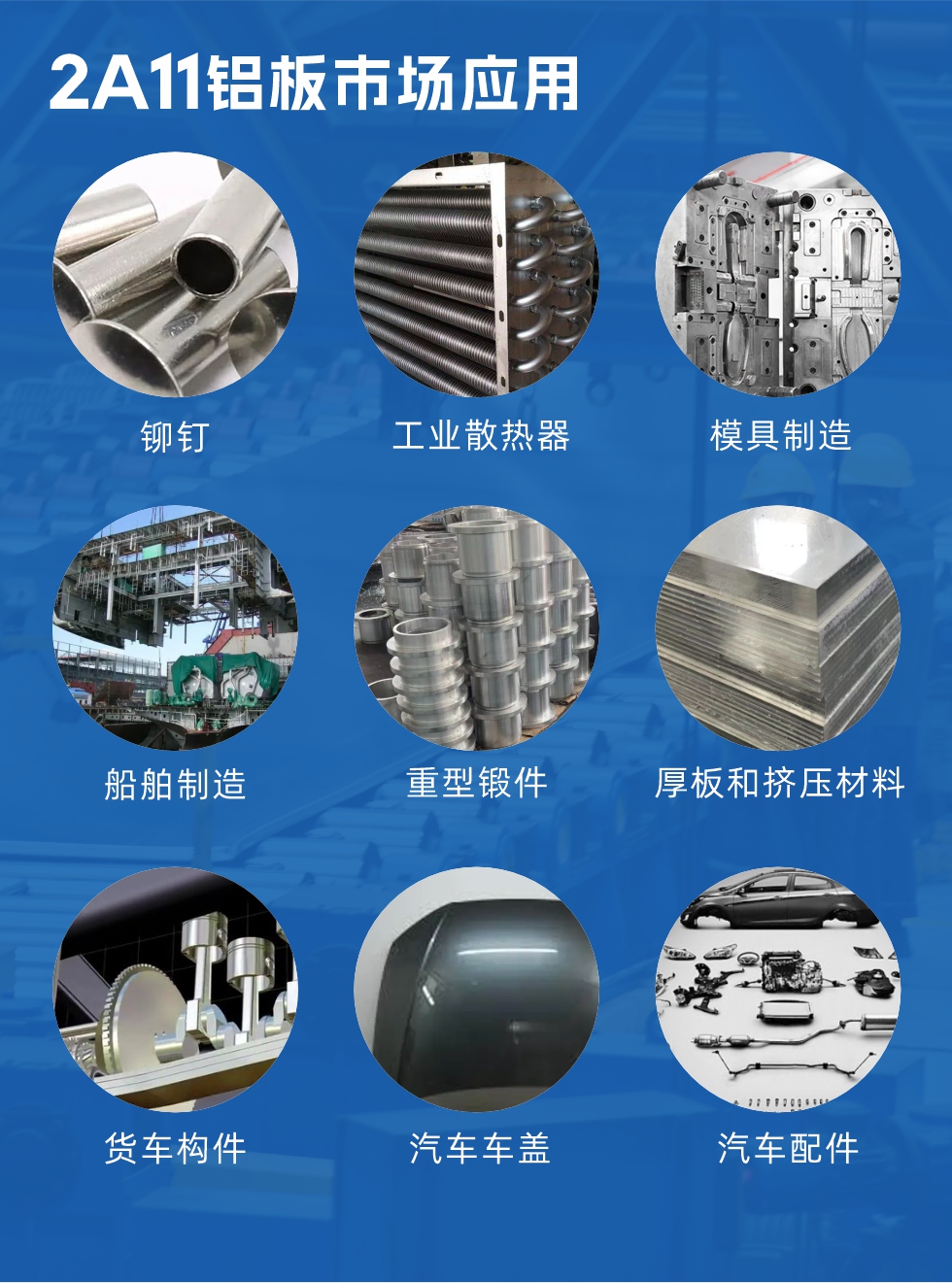 2a11鋁板市場(chǎng)應(yīng)用：

鉚釘、工業(yè)散熱器、模具制造、船舶制造、重型鍛件、厚板和擠壓材料，貨車構(gòu)件、汽車車蓋、汽車配件等領(lǐng)域。