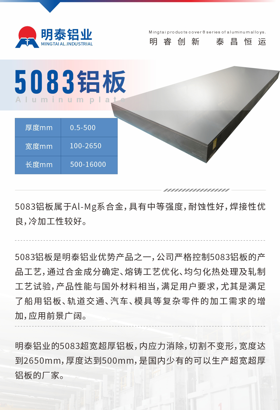 5083鋁板屬于Al-Mg系合金，具有中等強(qiáng)度，耐蝕性好，焊接性優(yōu)良，冷加工性較好。
　　5083鋁板是明泰鋁業(yè)優(yōu)勢(shì)產(chǎn)品之一，公司嚴(yán)格控制5083鋁板的產(chǎn)品工藝，通過合金成分確定、熔鑄工藝優(yōu)化、均勻化熱處理及軋制工藝試驗(yàn)，產(chǎn)品性能與國外材料相當(dāng)，滿足用戶要求，尤其是滿足了船用鋁板、軌道交通、汽車、模具等復(fù)雜零件的加工需求的增加，應(yīng)用前景廣闊。
　　明泰鋁業(yè)的5083超寬超厚鋁板，內(nèi)應(yīng)力消除，切割不變形，寬度達(dá)到2650mm，厚度達(dá)到500mm，是國內(nèi)少有的可以生產(chǎn)超寬超厚鋁板的廠家。