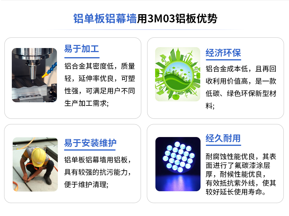 鋁單板鋁幕墻用3M03鋁板優(yōu)勢(shì)
易于加工
鋁合金其密度低，質(zhì)量輕，延伸率優(yōu)良，可塑性強(qiáng)，可滿足用戶不同生產(chǎn)加工需求;
易于安裝維護(hù)
鋁單板鋁幕墻用鋁板具有較強(qiáng)的抗污能力，便于維護(hù)清理;
經(jīng)濟(jì)環(huán)保
鋁合金成本低，且再回收利用價(jià)值高，是一款低碳、綠色環(huán)保新型材料，
經(jīng)久耐用
耐腐蝕性能優(yōu)良，其表面進(jìn)行了氟碳漆涂層厚，耐候性能優(yōu)良，有效抵抗紫外線，使其較好延長(zhǎng)使用壽命。